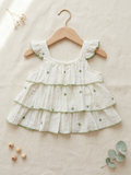 Cream Floral Embroidered Tiered Frill Dress