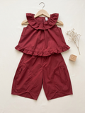 Maroon Ruffle Collar Top & Wide Leg Pants Set