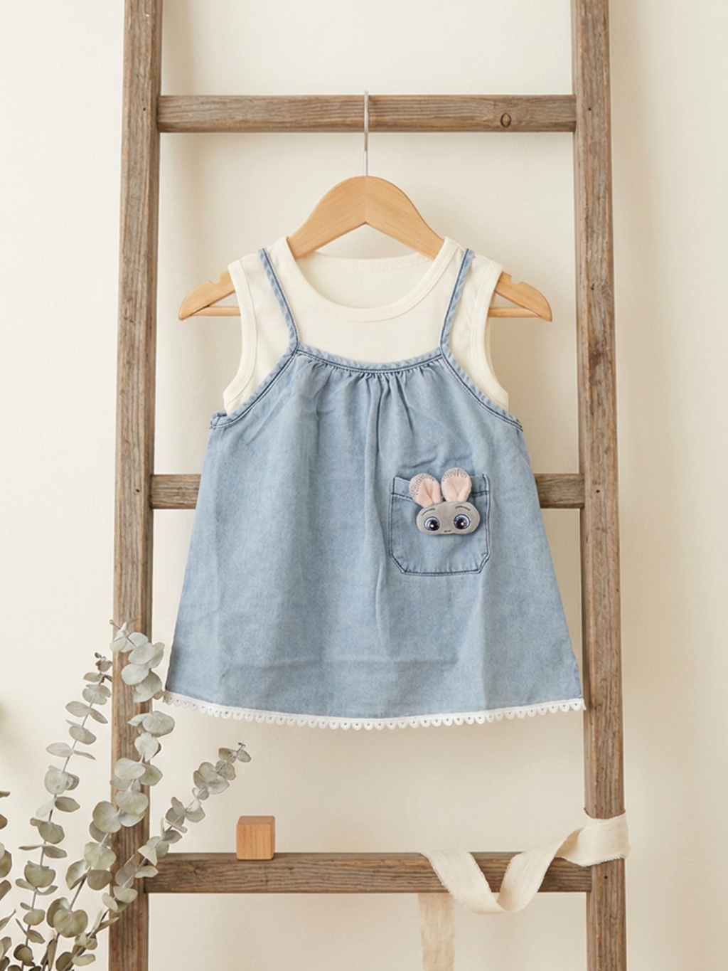 Bunny Pocket Denim Pinafore Dress