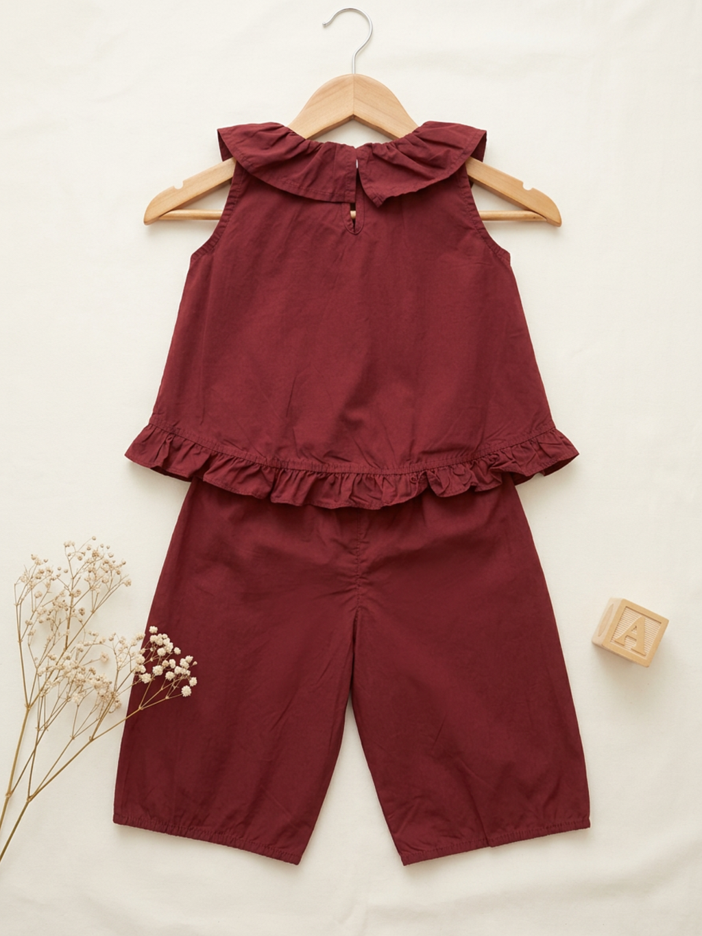 Maroon Ruffle Collar Top & Wide Leg Pants Set