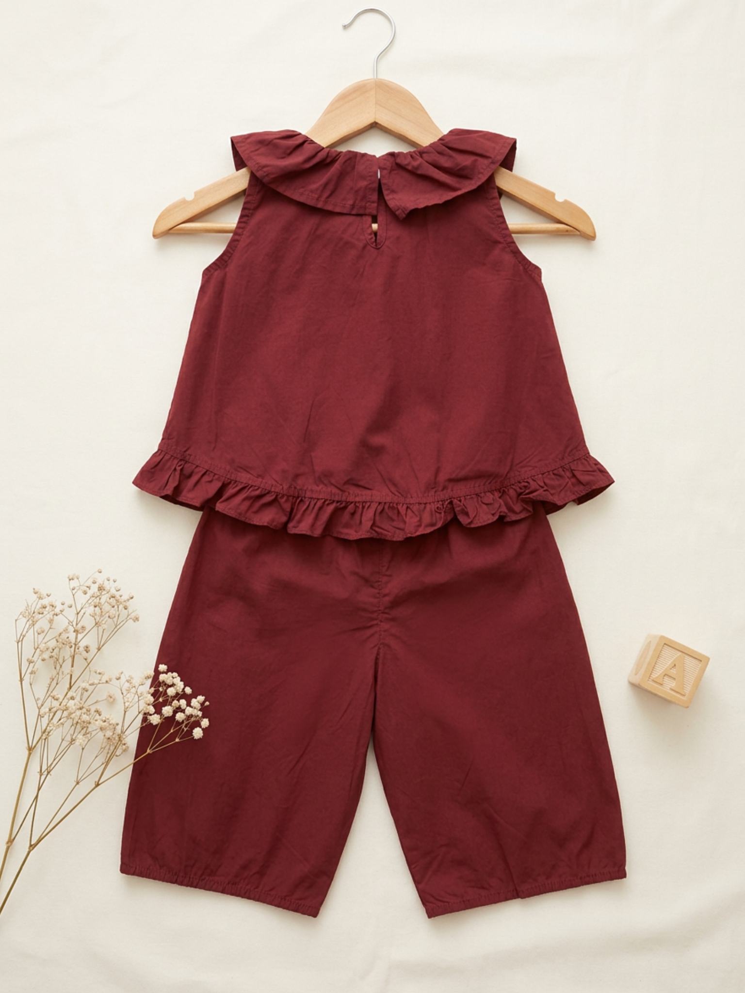 Maroon Ruffle Collar Top & Wide Leg Pants Set