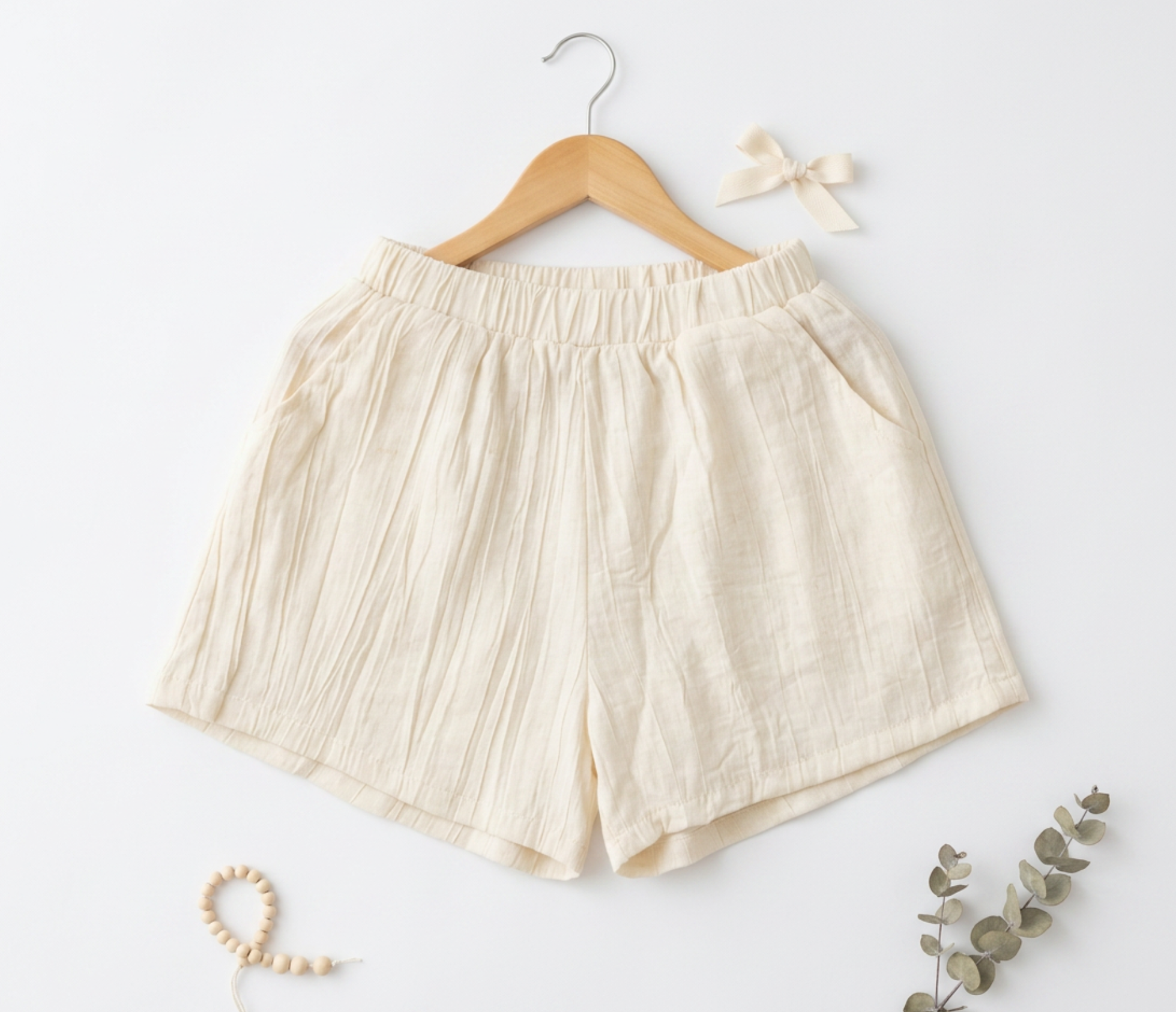 Cream Textured Elasticated Shorts