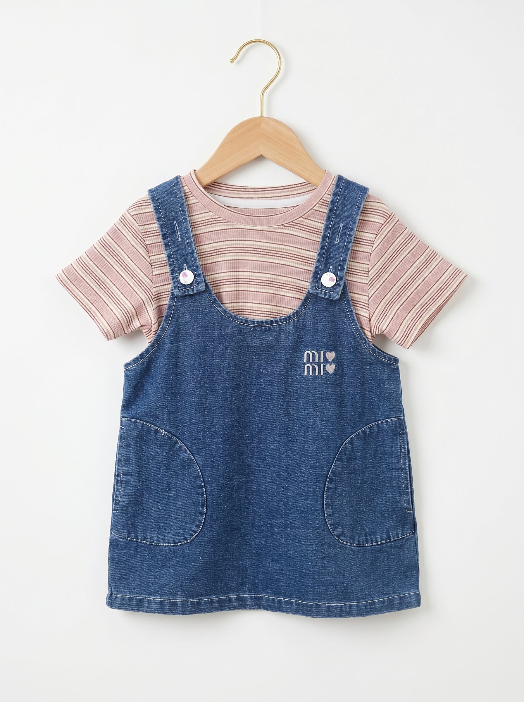 🩵 Stripe Tee & Denim Overall Dress Set