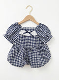 🎀 Navy Gingham Puff-Sleeve Top with Lace Collar