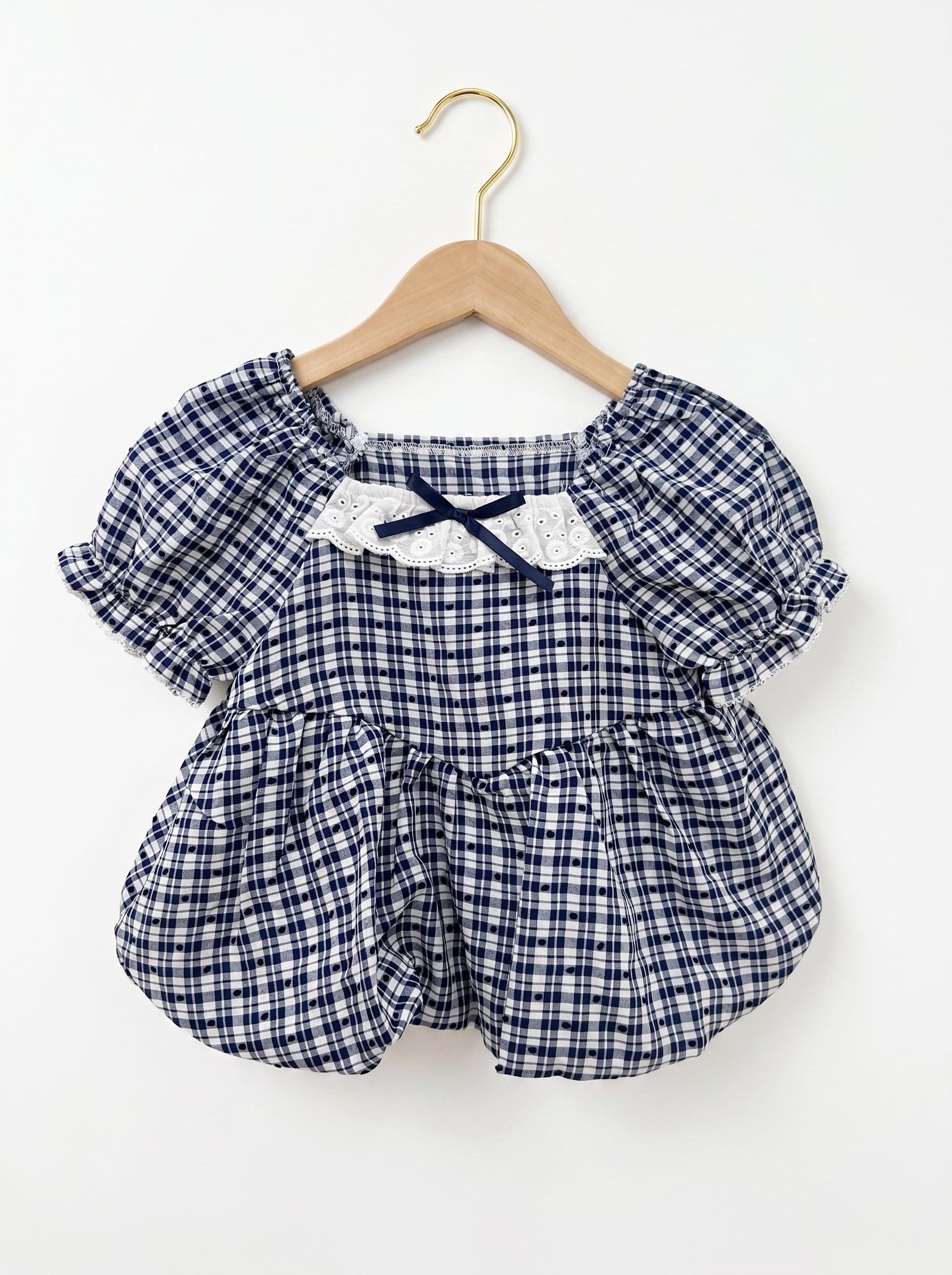 🎀 Navy Gingham Puff-Sleeve Top with Lace Collar