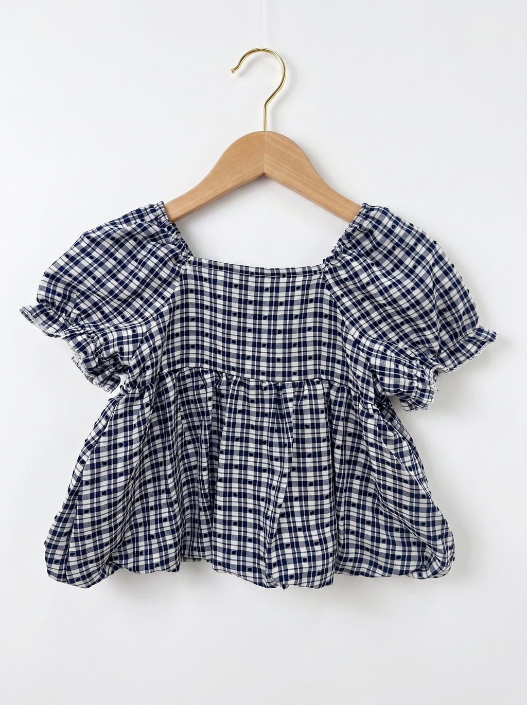 🎀 Navy Gingham Puff-Sleeve Top with Lace Collar