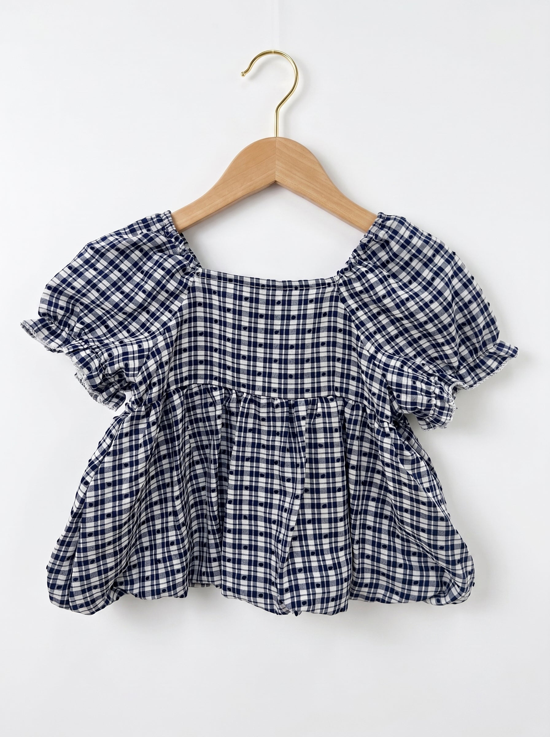 🎀 Navy Gingham Puff-Sleeve Top with Lace Collar
