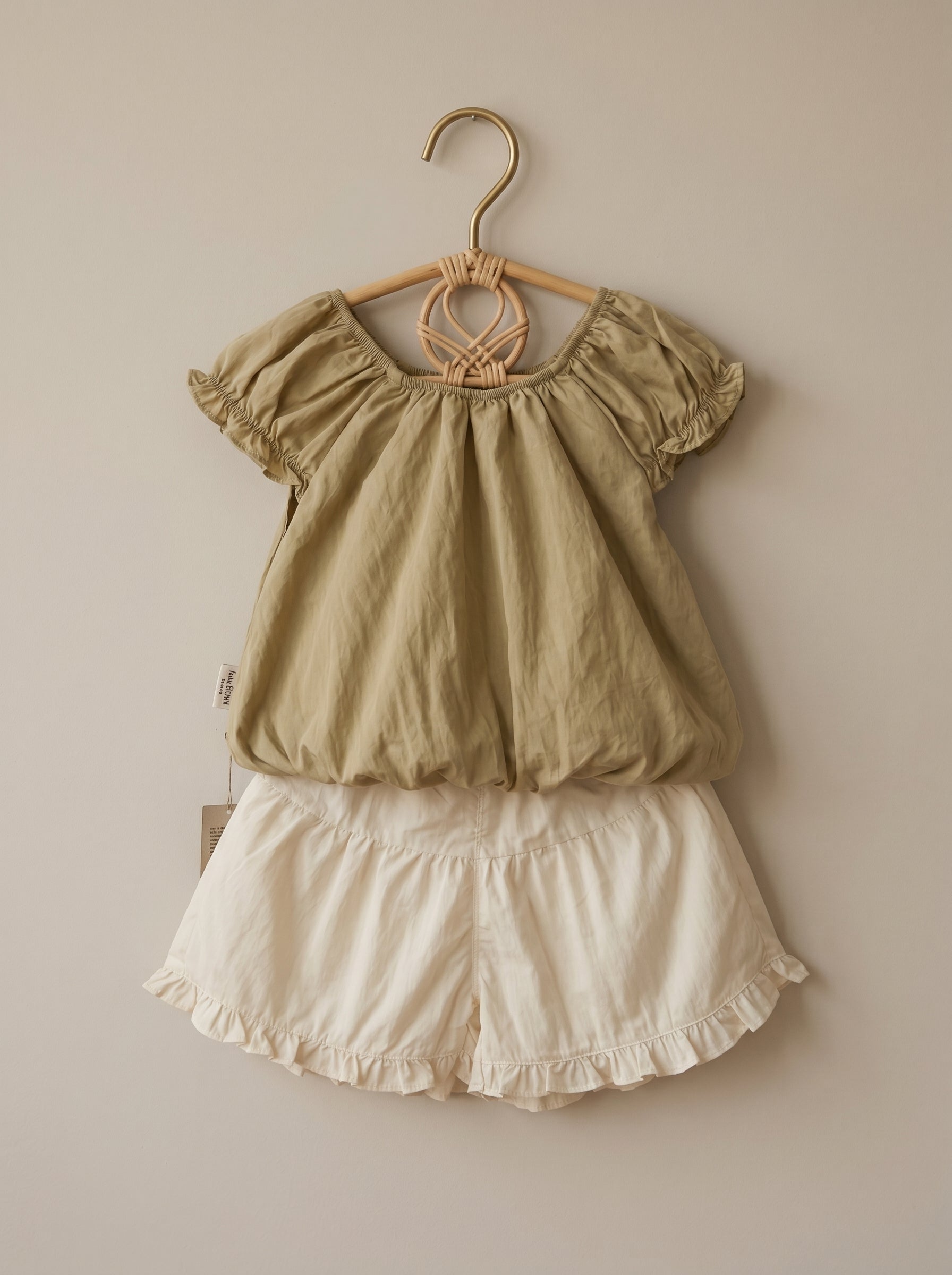 🎀 Olive Bubble Top & Cream Ruffle Shorts Set