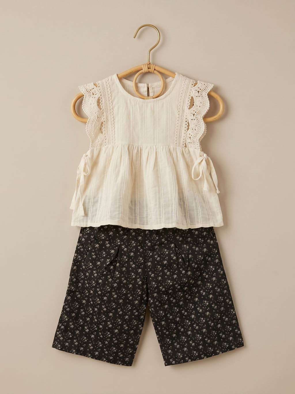 🤍 Ivory Lace Top & Black Floral Shorts Set