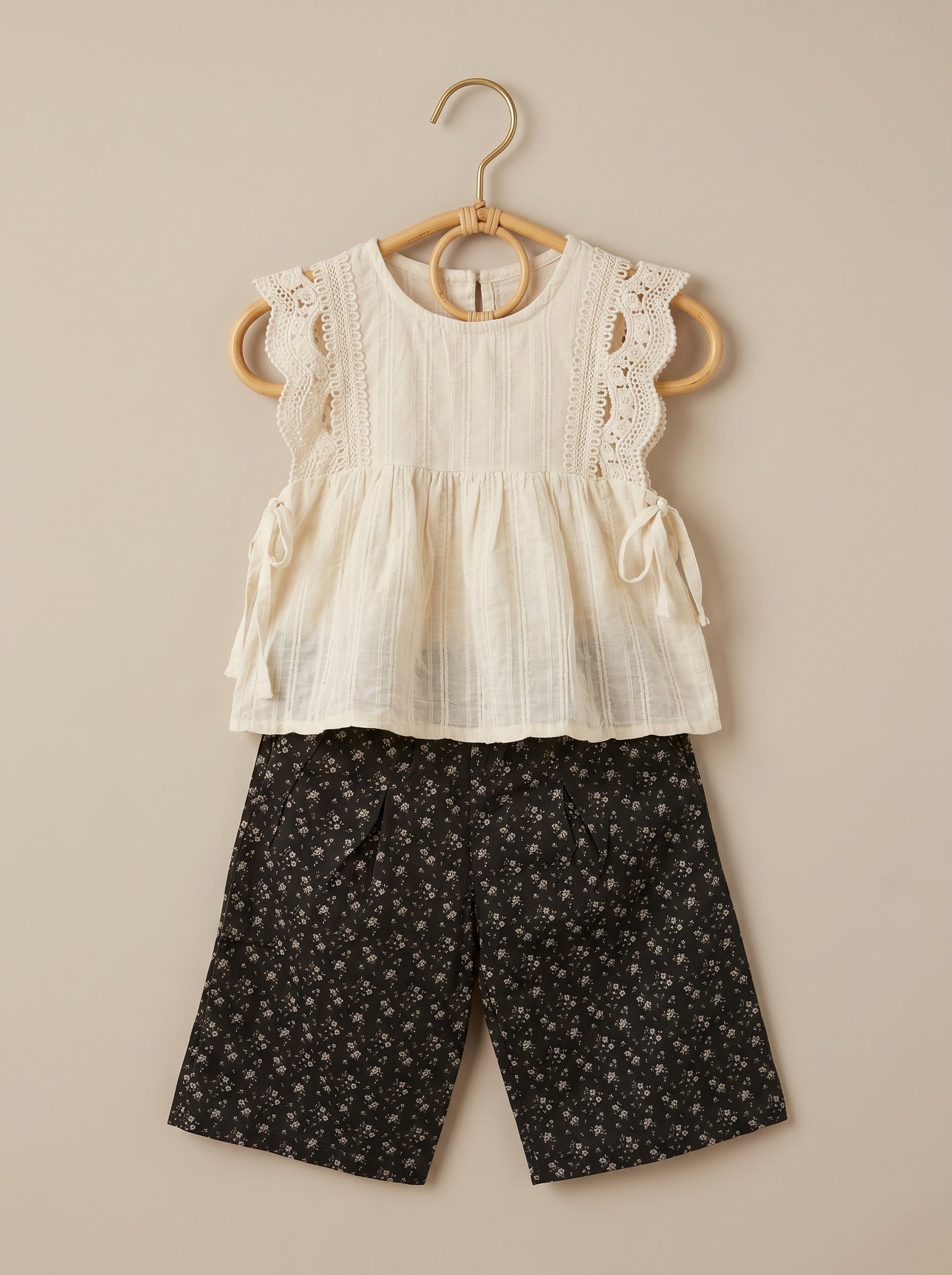 🤍 Ivory Lace Top & Black Floral Shorts Set