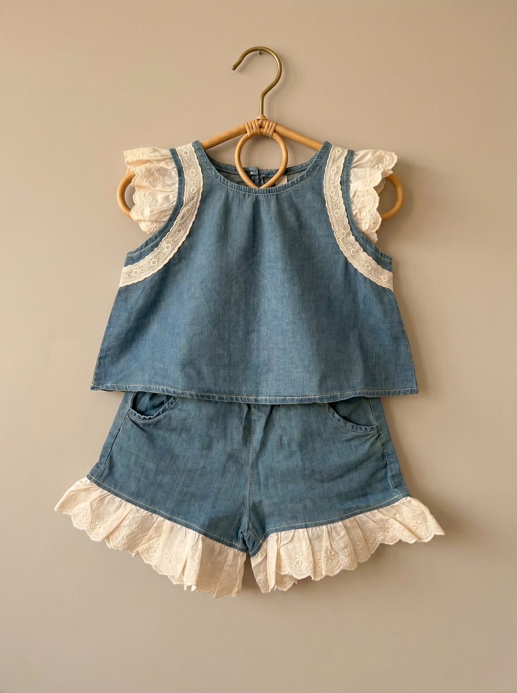 Girls' Denim & Lace Flutter Two-Piece Set
