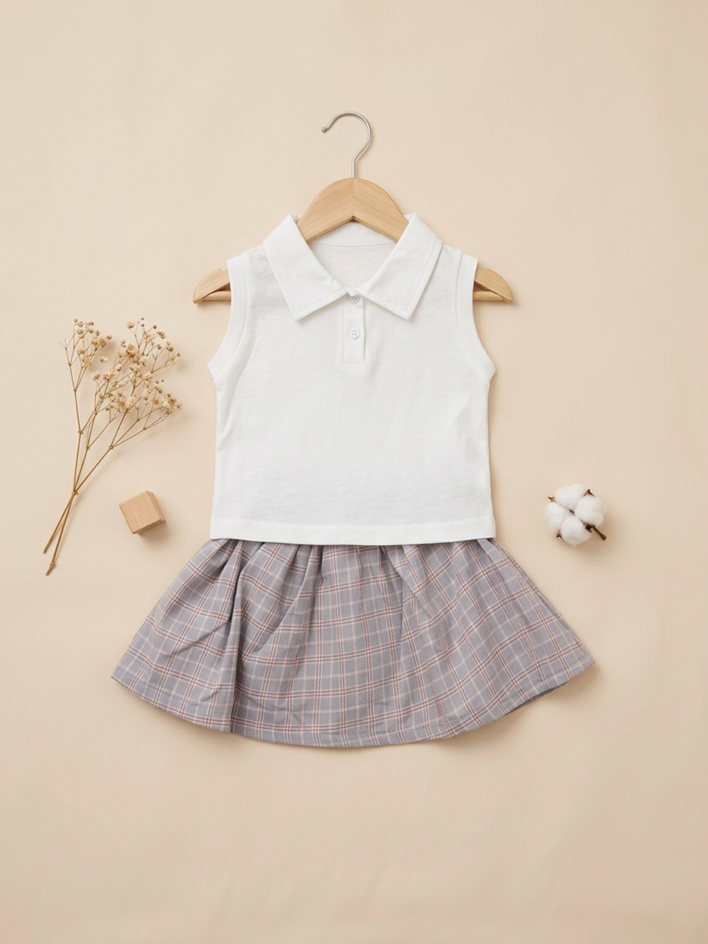 Girls' Polo Collar Top & Plaid Skirt Set