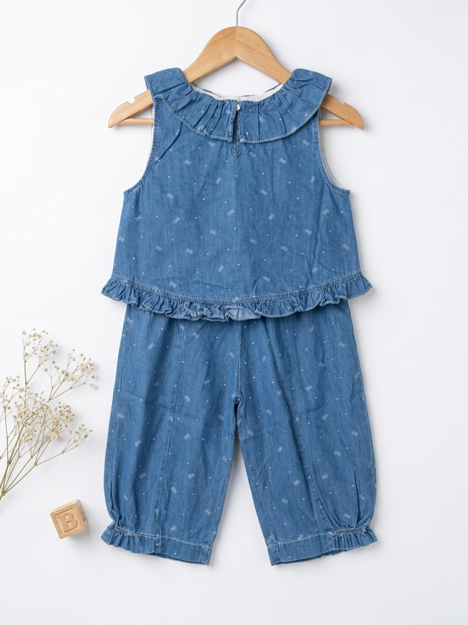 Blue Denim Floral Print Ruffle Top & Harem Pants Set