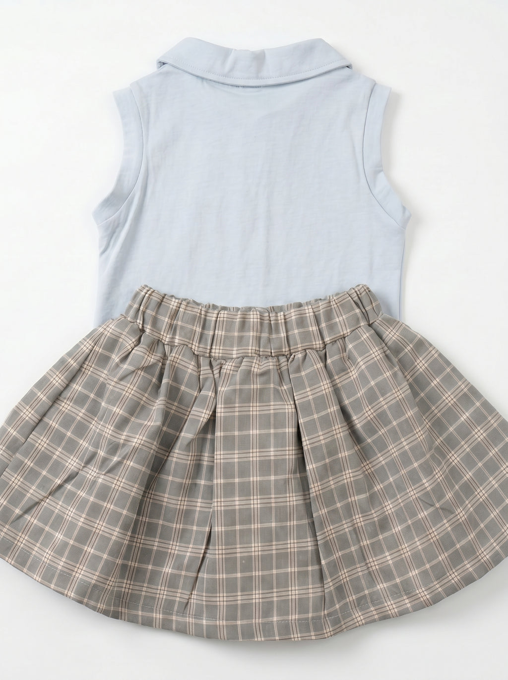 Girls' Baby Blue Polo Top & Grey Plaid Skirt Set
