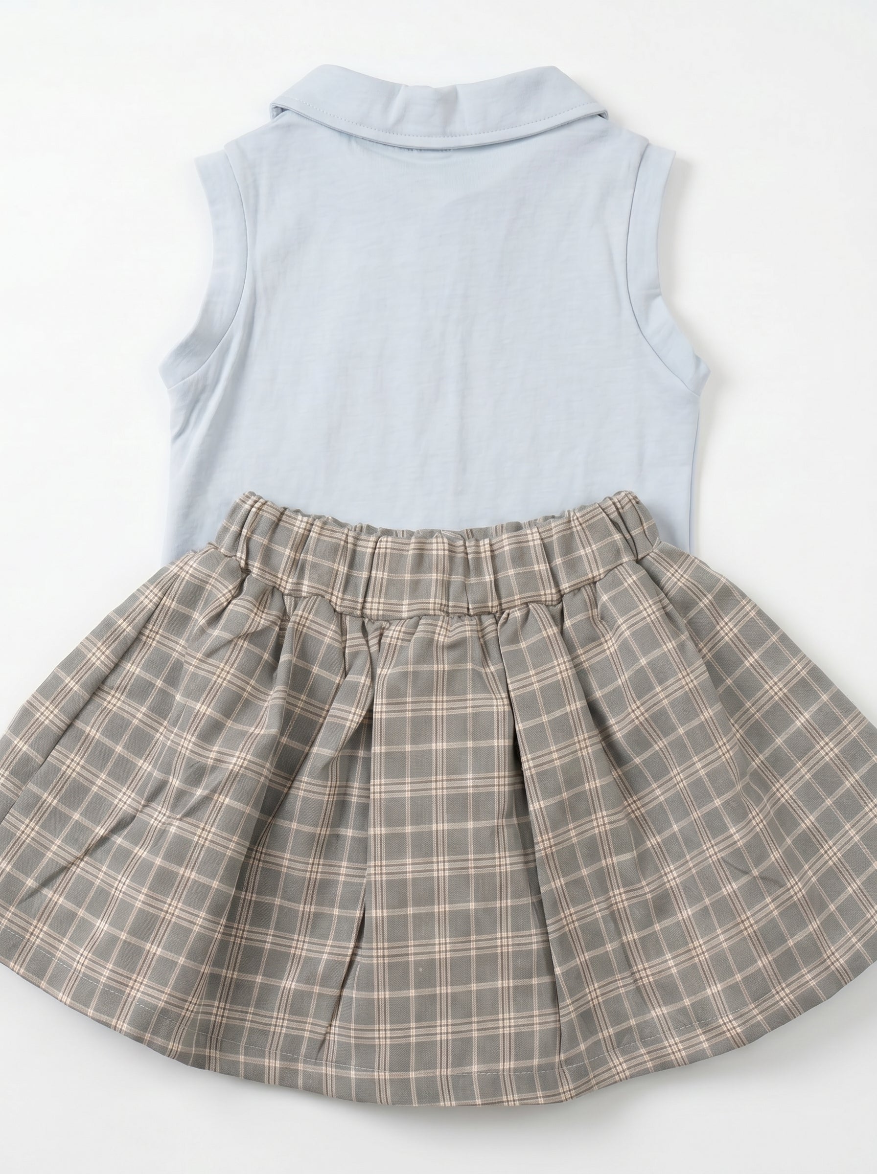 Girls' Baby Blue Polo Top & Grey Plaid Skirt Set