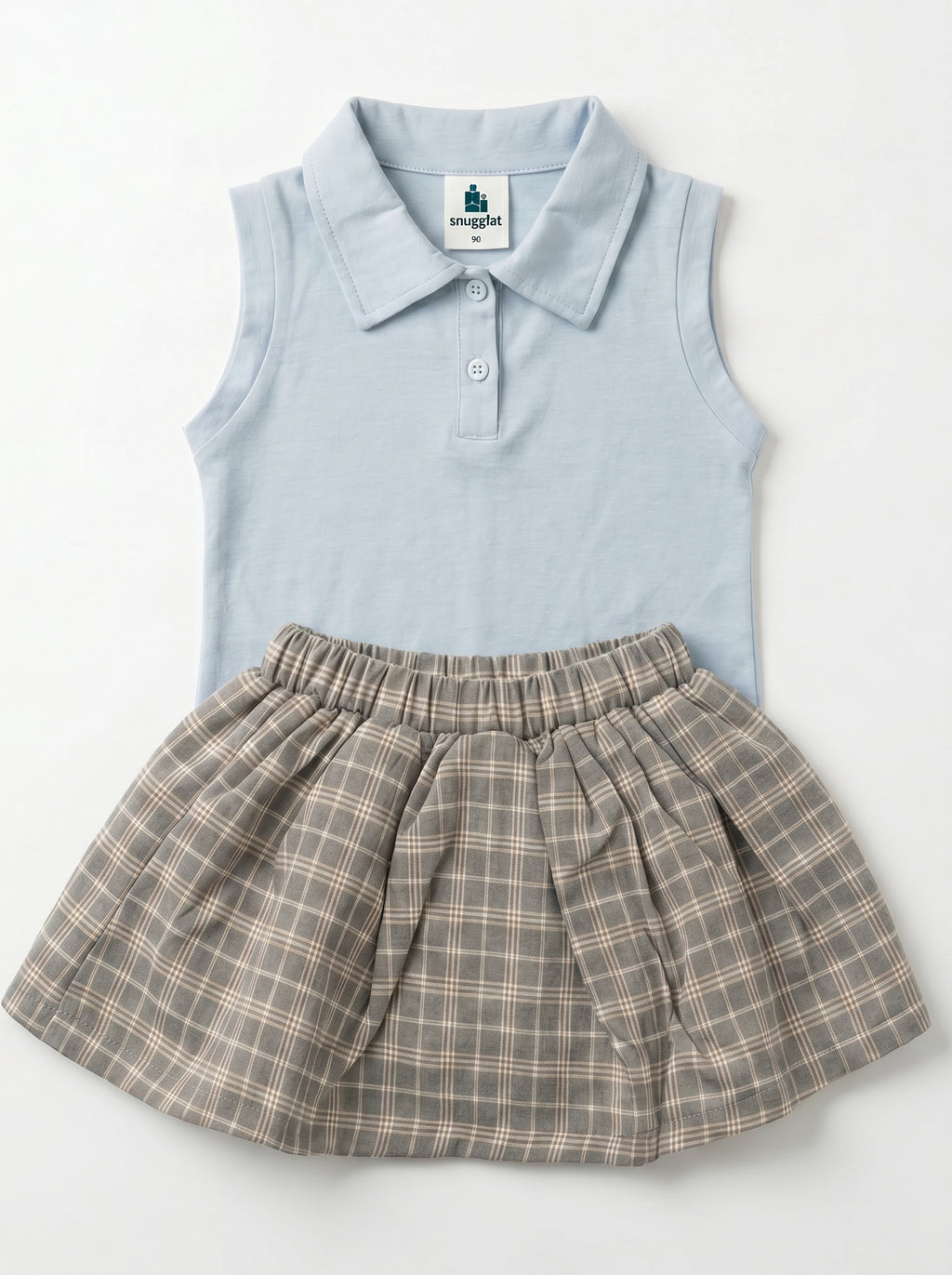 Girls' Baby Blue Polo Top & Grey Plaid Skirt Set