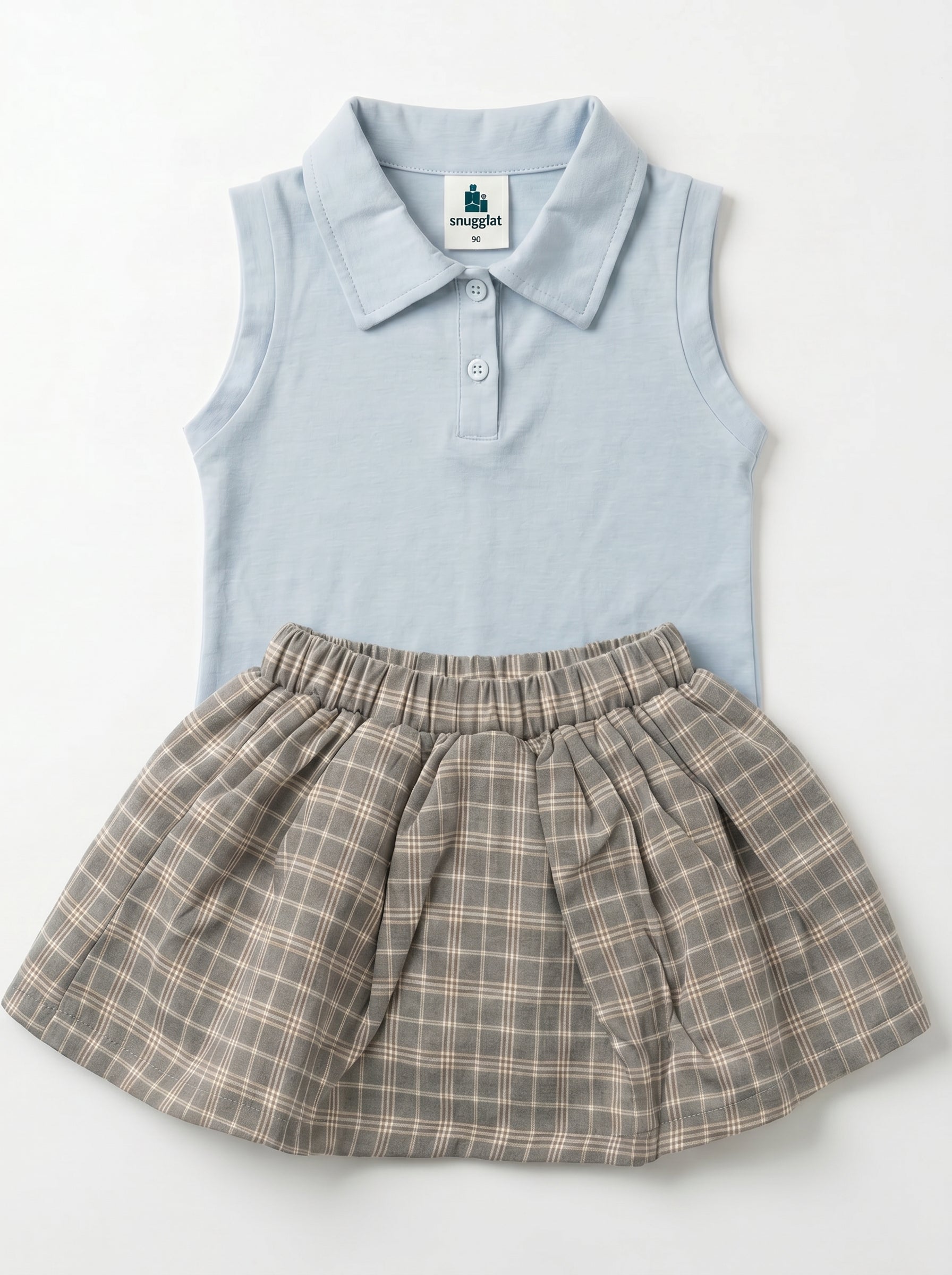 Girls' Baby Blue Polo Top & Grey Plaid Skirt Set