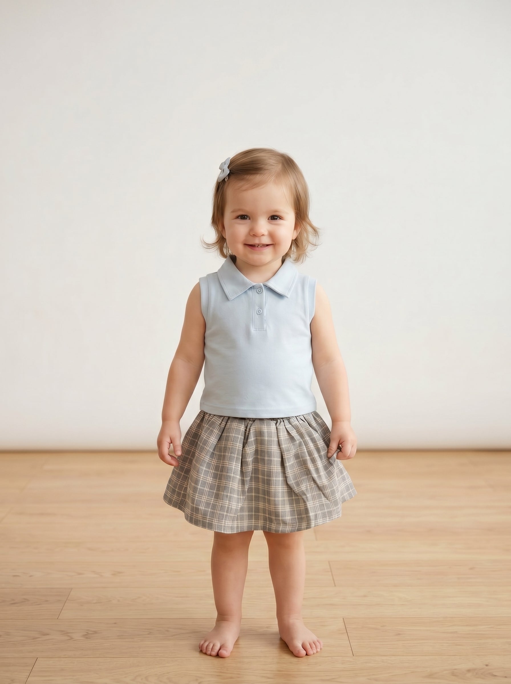 Girls' Baby Blue Polo Top & Grey Plaid Skirt Set