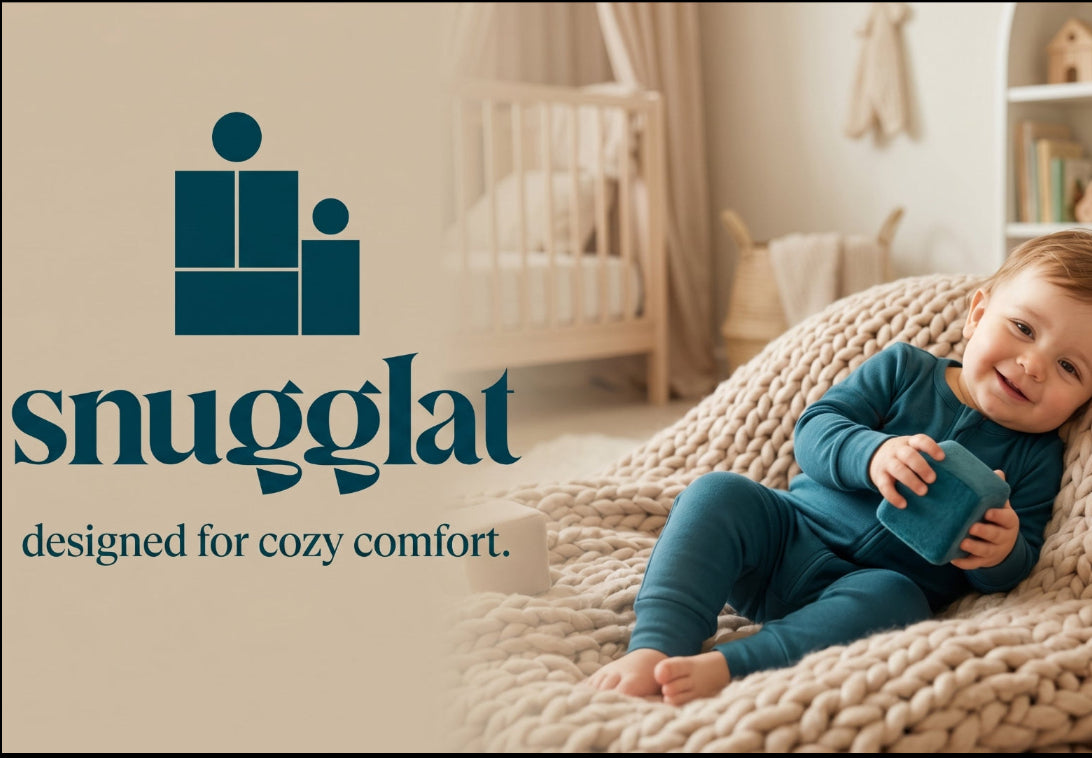 Child lying on a cozy blanket with 'snugglat' branding and text in a warm, homey setting.